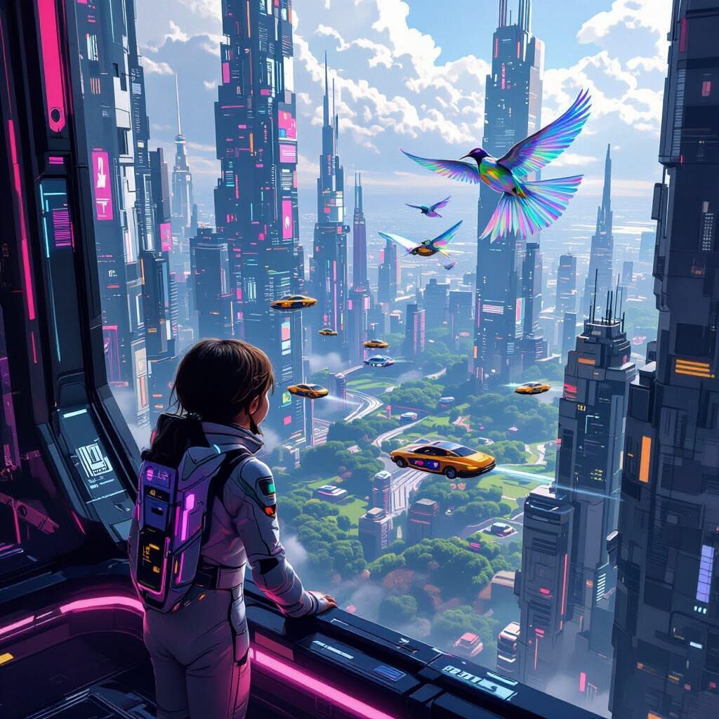 Girl on Balcony Gazes at Cyberpunk Cityscape