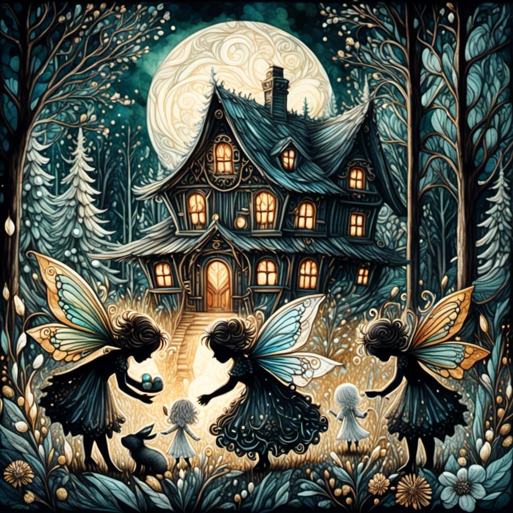 Dark Fairies Swap a Changeling, Alcohol Ink Art