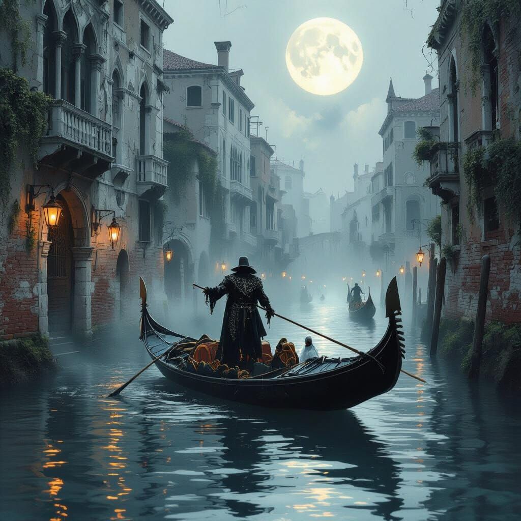 Ghostly Gondolier in Venice: Dark Fantasy Concept Art
