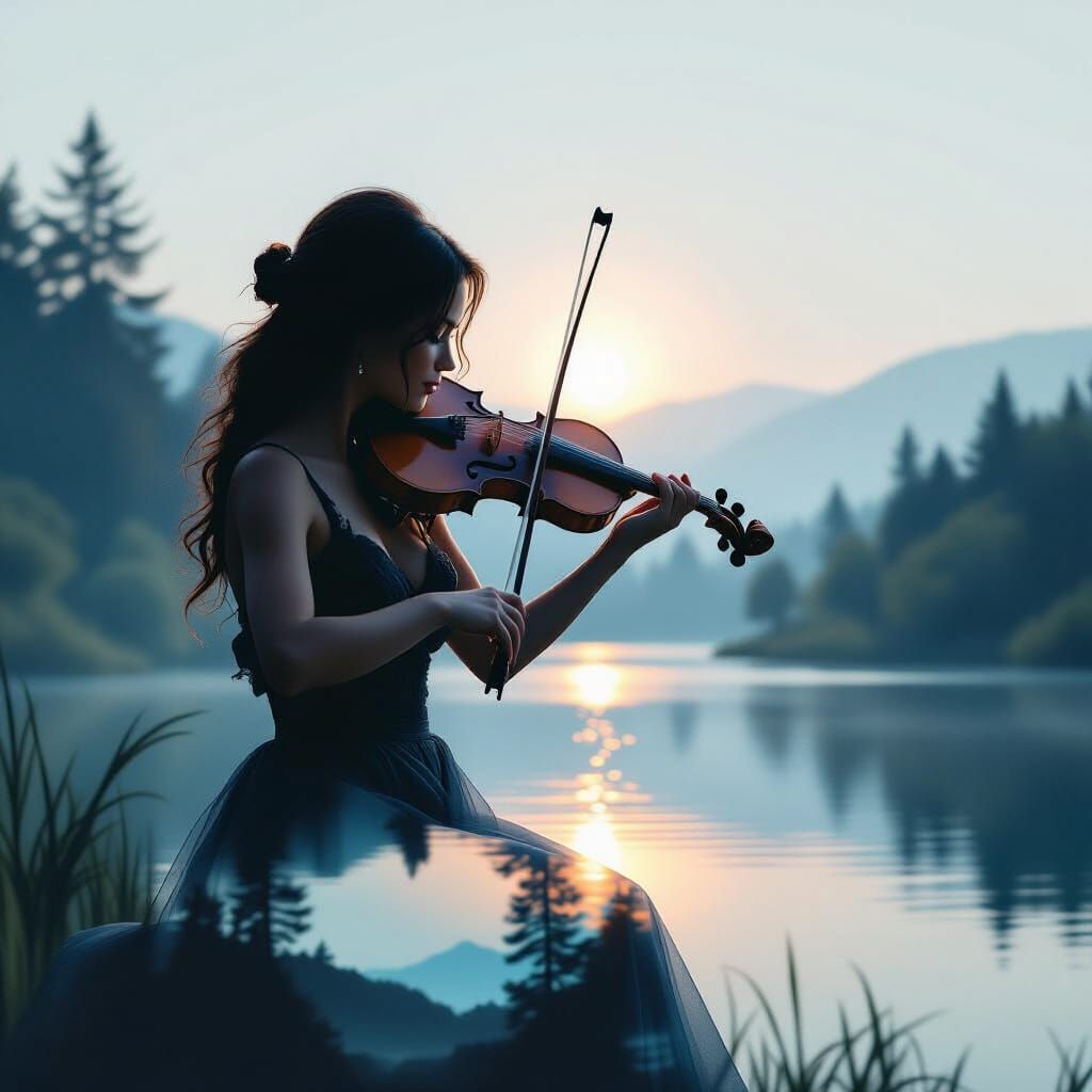 Violinist Silhouette in Pastel Lake Double Exposure