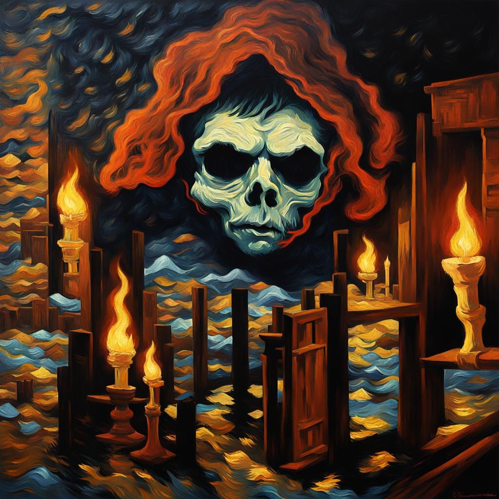 Skull and Candles in Post-Impressionist Style