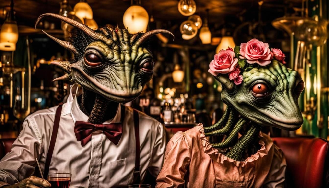 Surreal Restaurant Scene with Exotic Aliens