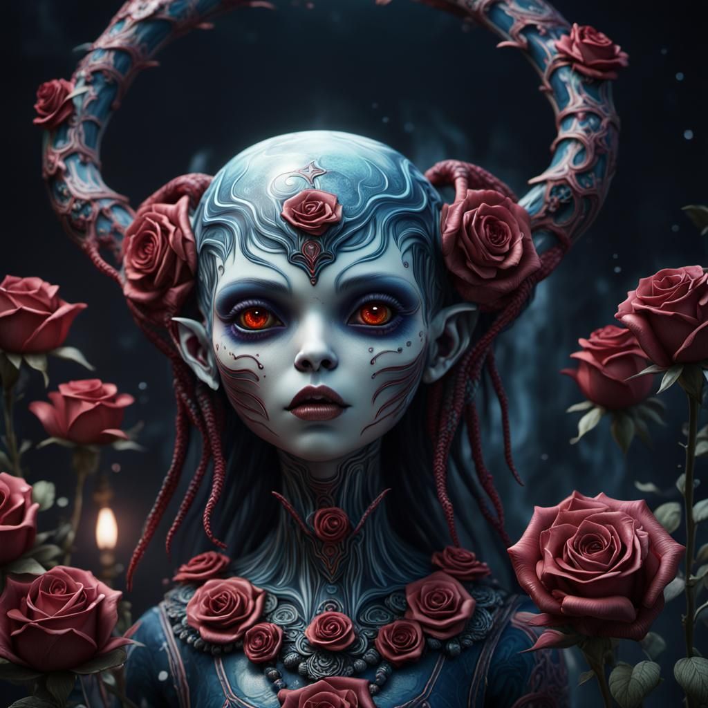 Demonic Porcelain Rose Doll: Detailed Matte Painting