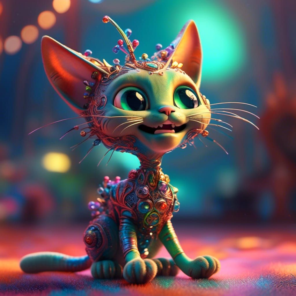 Alien Cat Plays with Flower in 3D Style