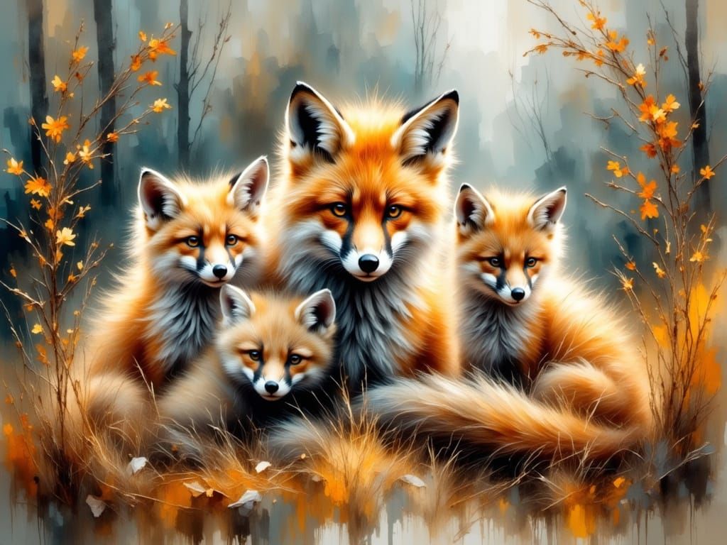 Vibrant Autumn Portrait of Red Fox Mother and Kits