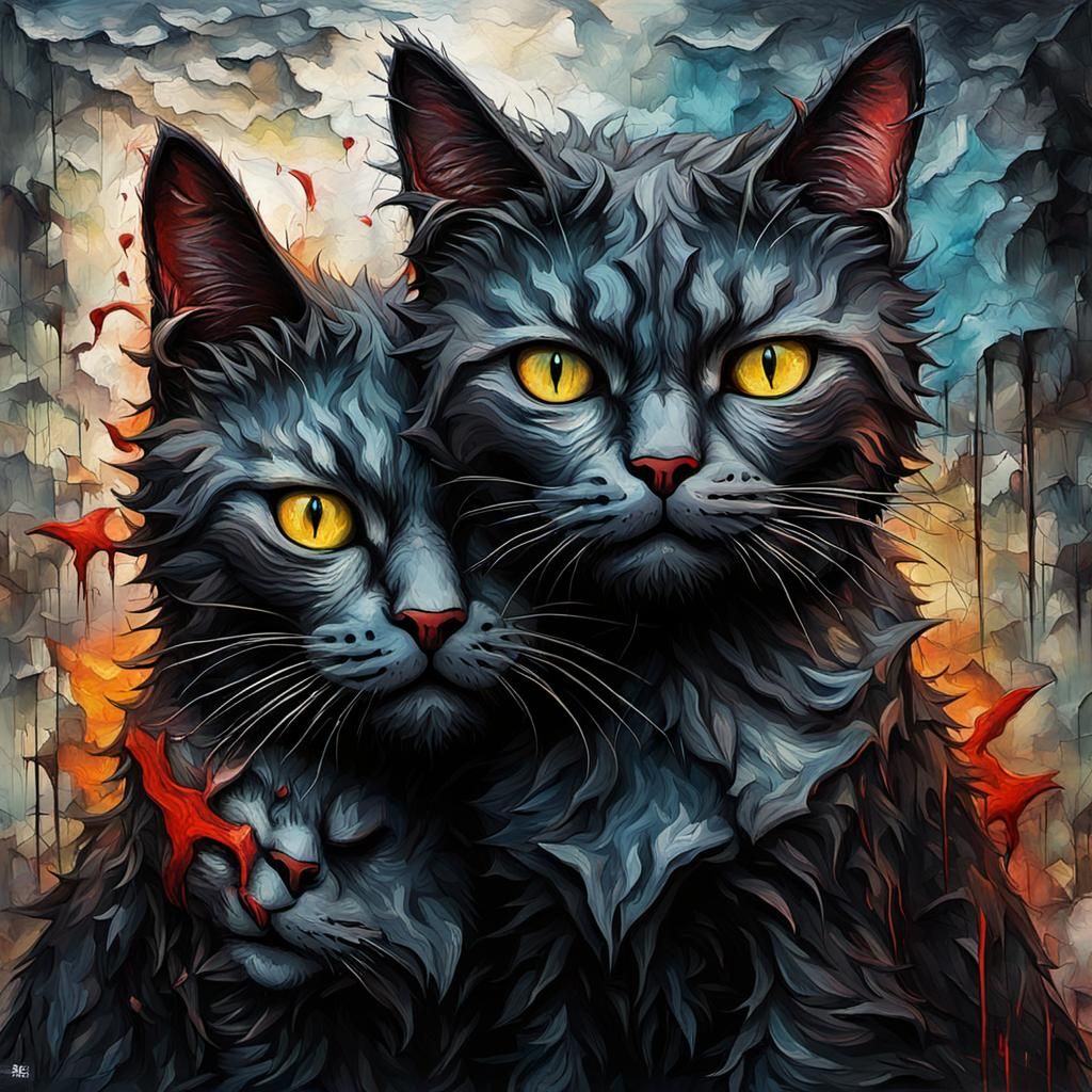 Disturbing Cats Hugging in Expressionist Impasto Style