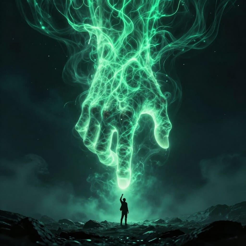Ethereal Emerald Hand Descends from Cosmic Sky