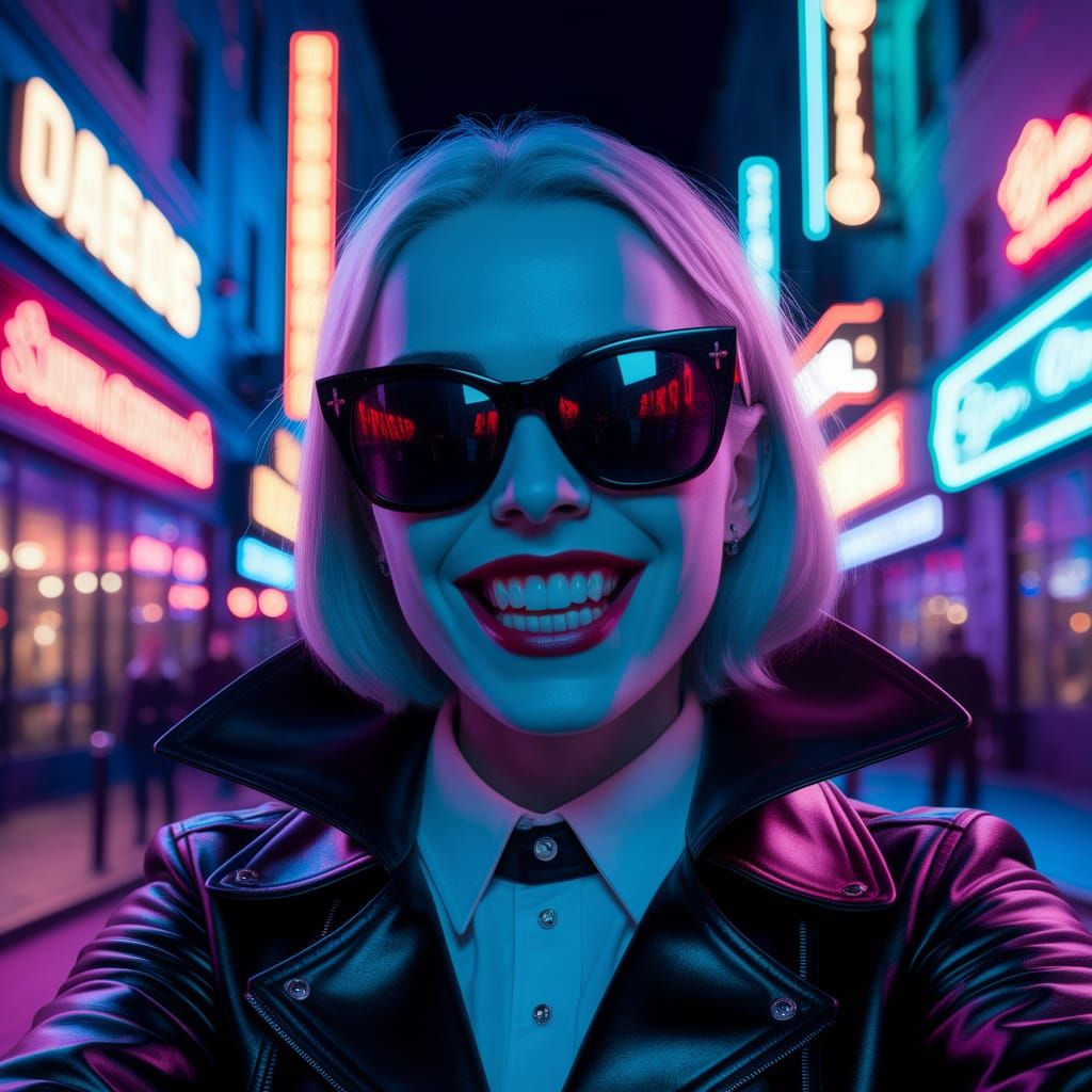 Modern Vampire Influencer Captured in Neon Nighttime Portrai...