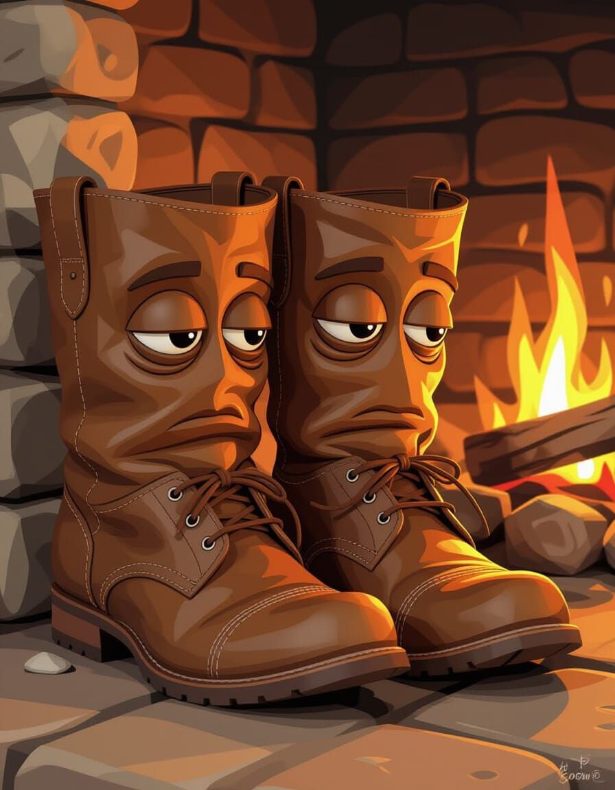 Worn Leather Boots With Frowning Faces Dream by Firelight