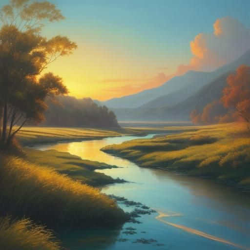 Tranquil River Flows to Sea: Serene Oil Painting