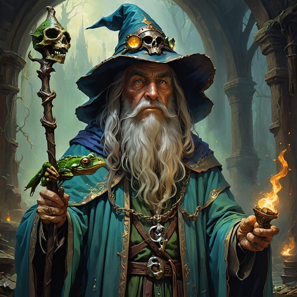 Mystical Wizard with Frog Skull Staff, Oil Painting