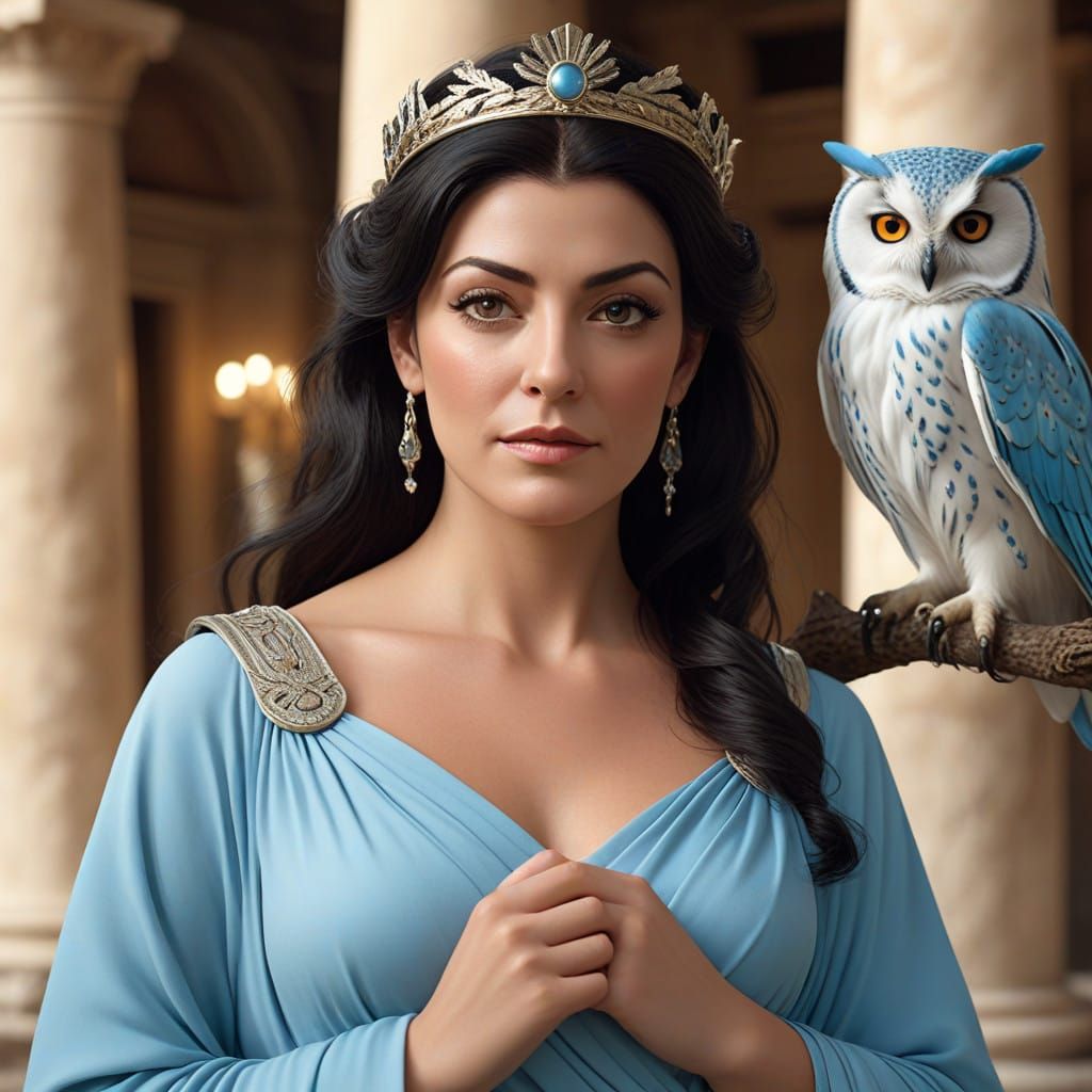 Goddess Athena in Greek Tunic, Surrounded by Ancient Temple....