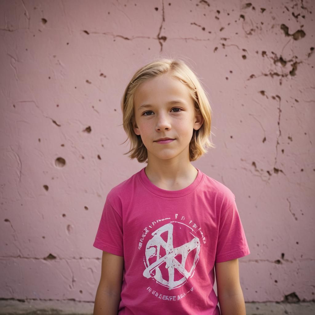 Boy in Pink T-Shirt Portrait with Sister