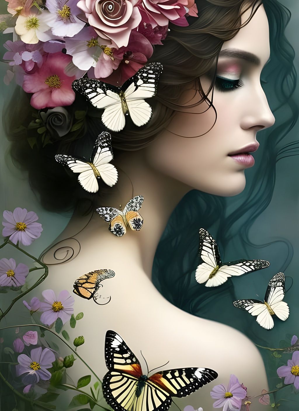 Butterfly Goddess Portrait in Art Nouveau Style