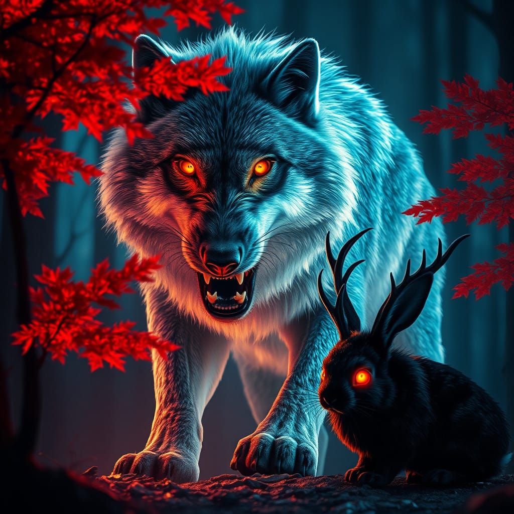Wolf with Glowing Eyes Catches Rabbit in Fiery Forest