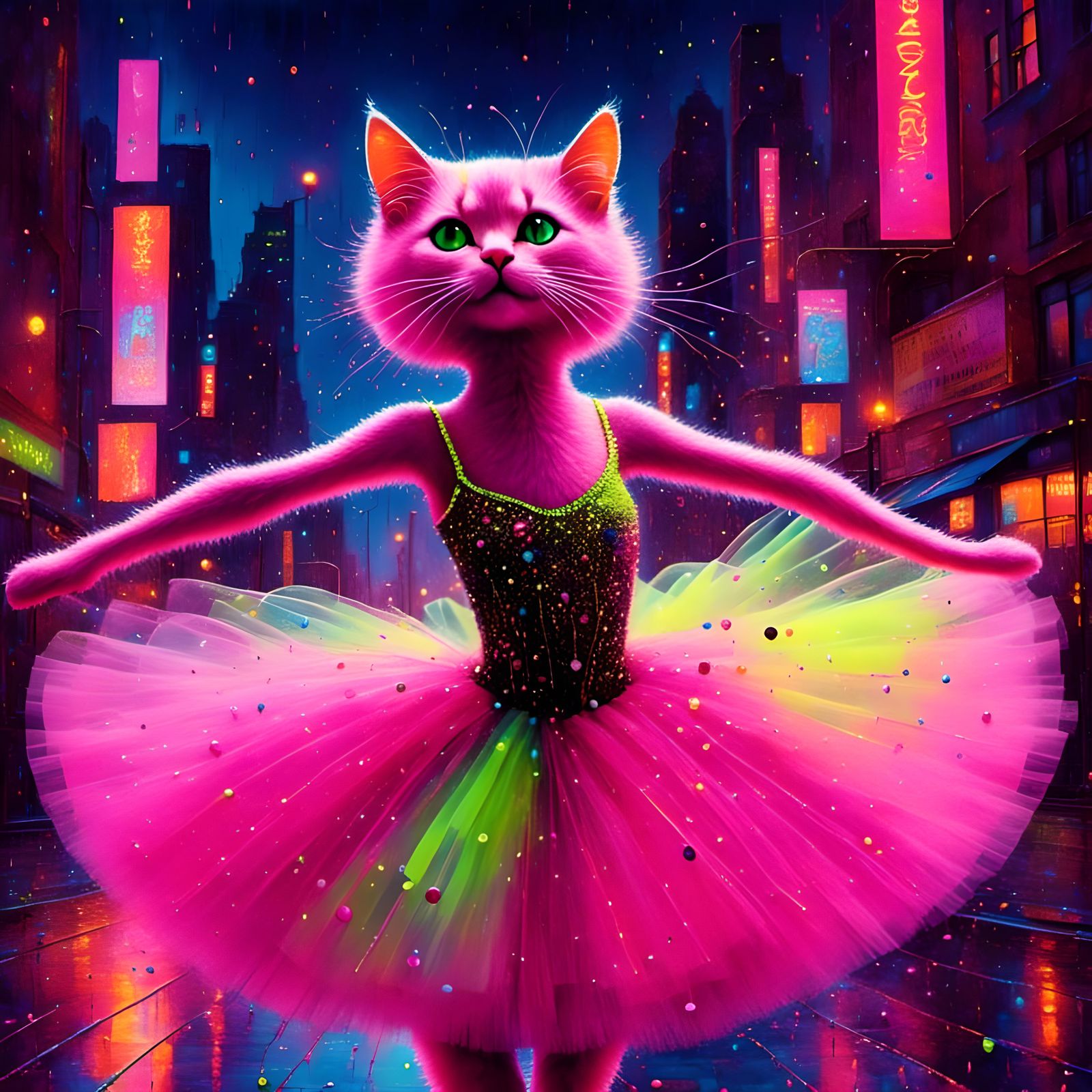 Cute Cat Ballerina Dancing in City Street