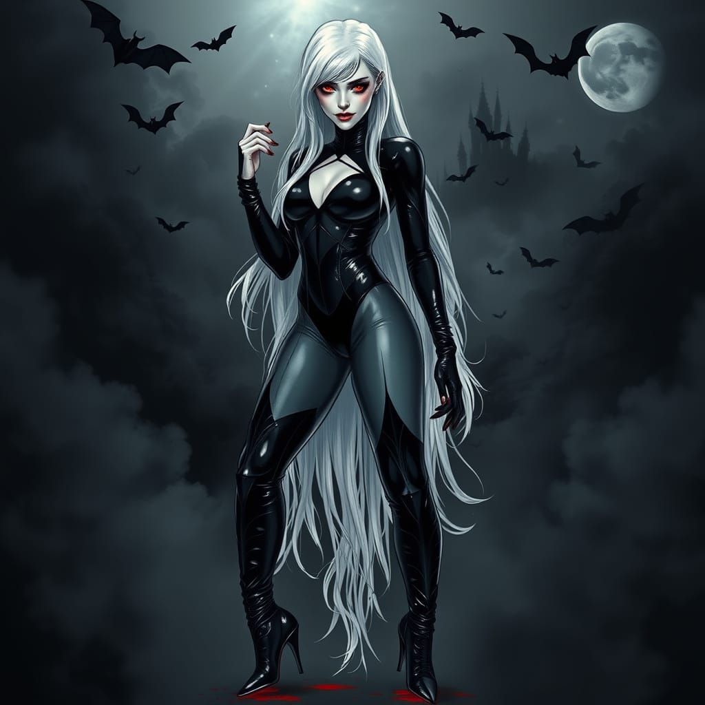 Ethereal Vampire Goddess in Smokey Fantasy Landscape