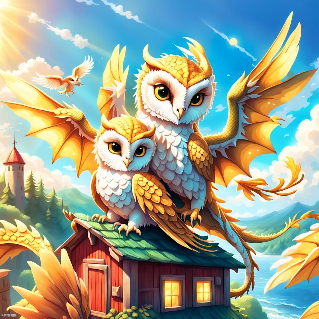 Golden Dragon-Owl Hybrid Soaring in Sunshine