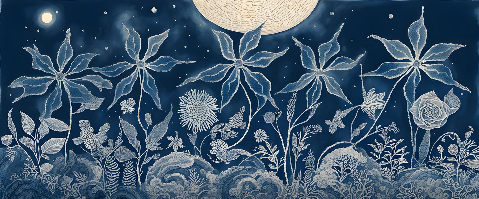 Night Flowers in Cyanotype with Zentangle