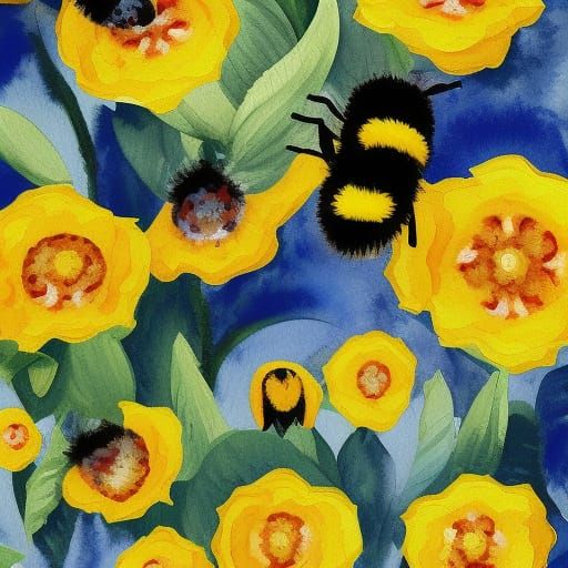 Bumble Bees in Gouache Watercolor Impressionist Style
