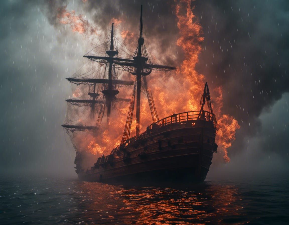 Ghost Ship Ablaze in Smoky Fire Rain