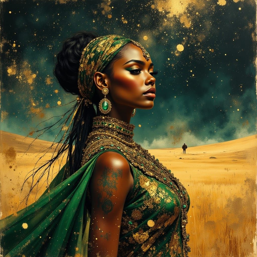 Majestic African Goddess in Emerald and Gold