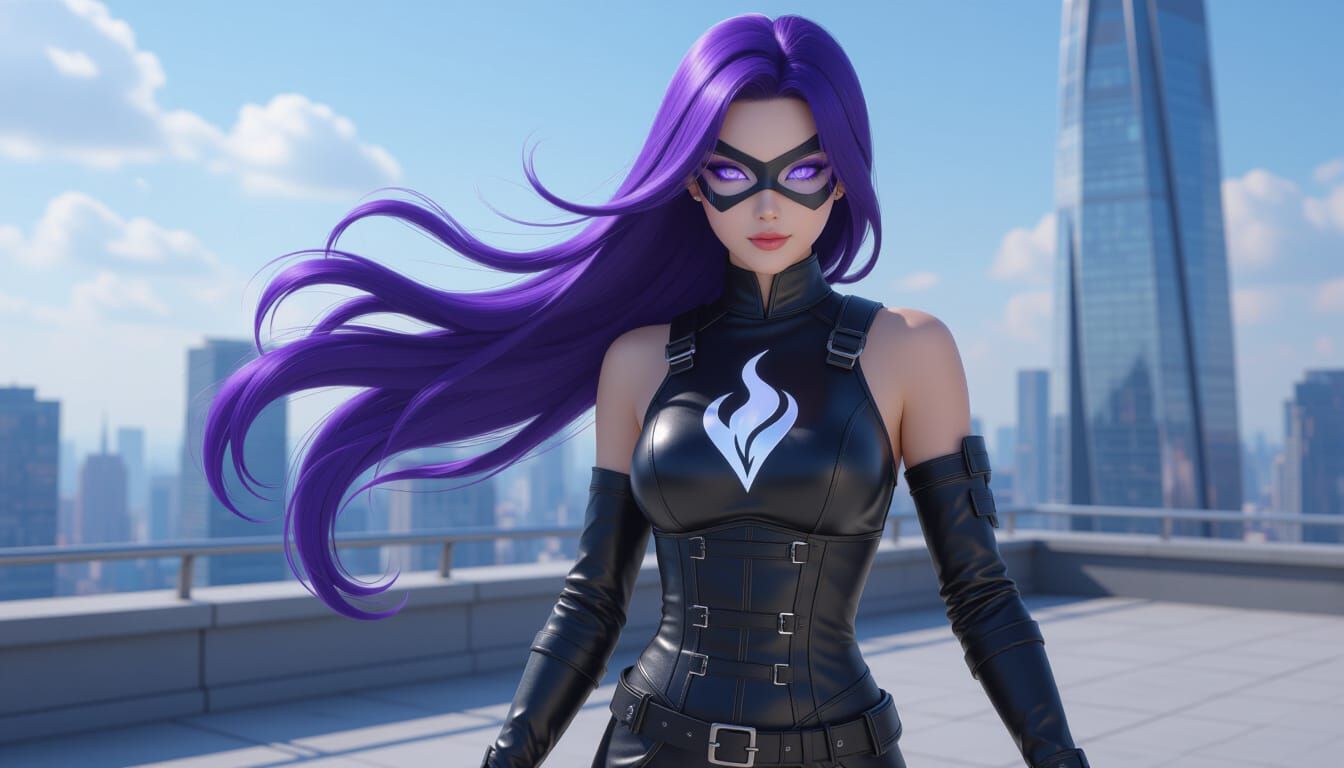 Chinese Superheroine in Black Leather Jumpsuit