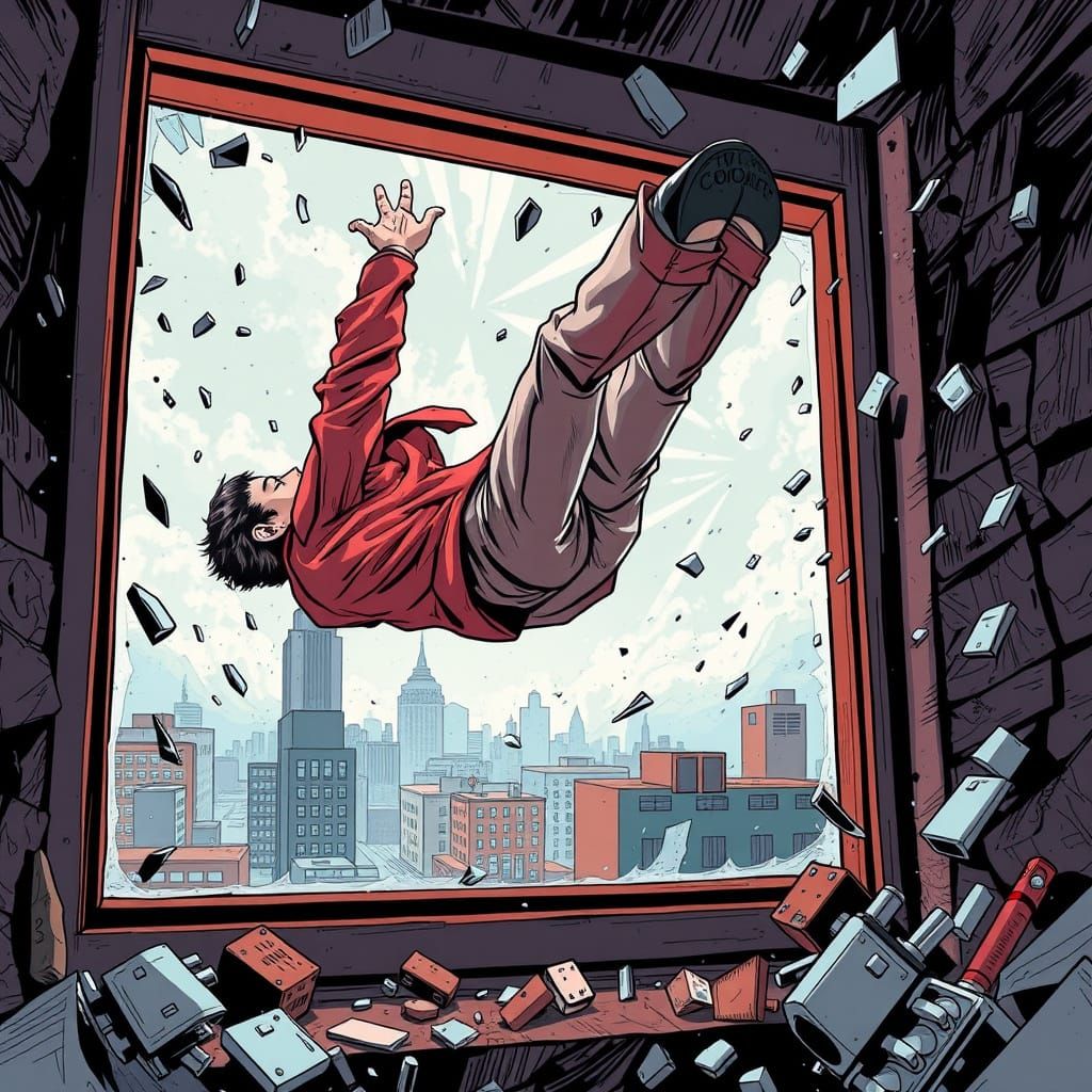 Dramatic Fall from a City Window in Comic Book Style