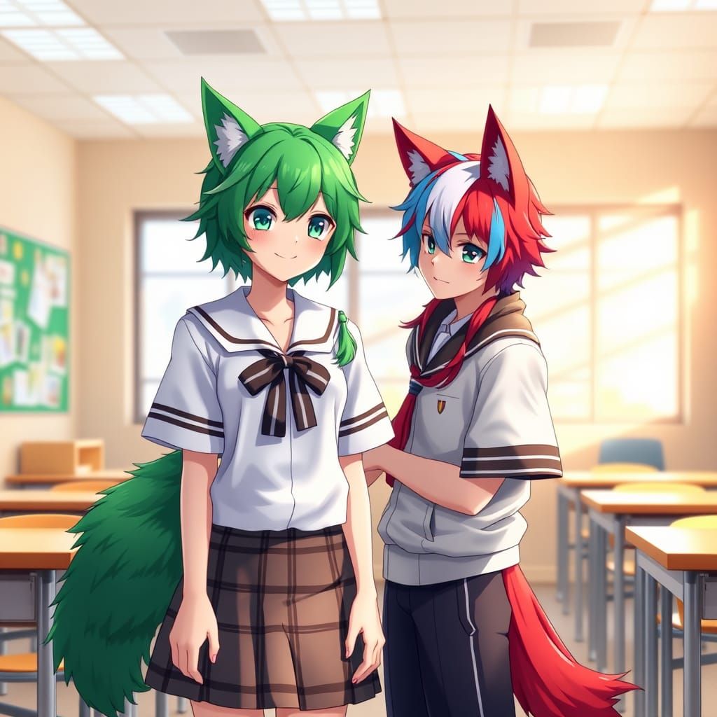 Anime Students with Wolf Features in Bright Classroom