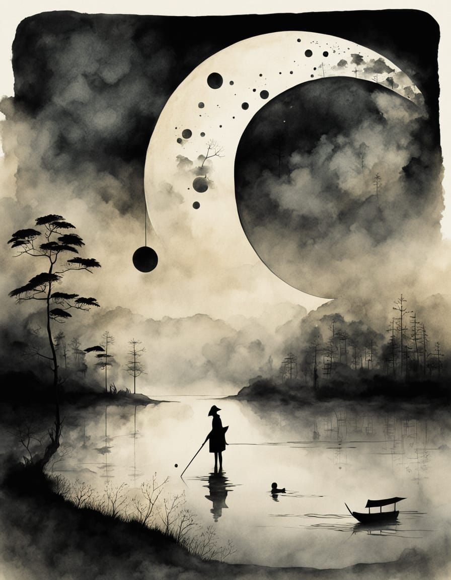Surreal Yin Yang Sun Moon with Steampunk Cities