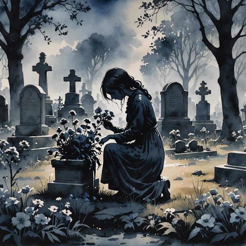 Silhouette of Girl at Grave in Dark Watercolor