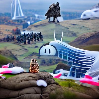 Owl Overlooks Futuristic Battlefield Scene
