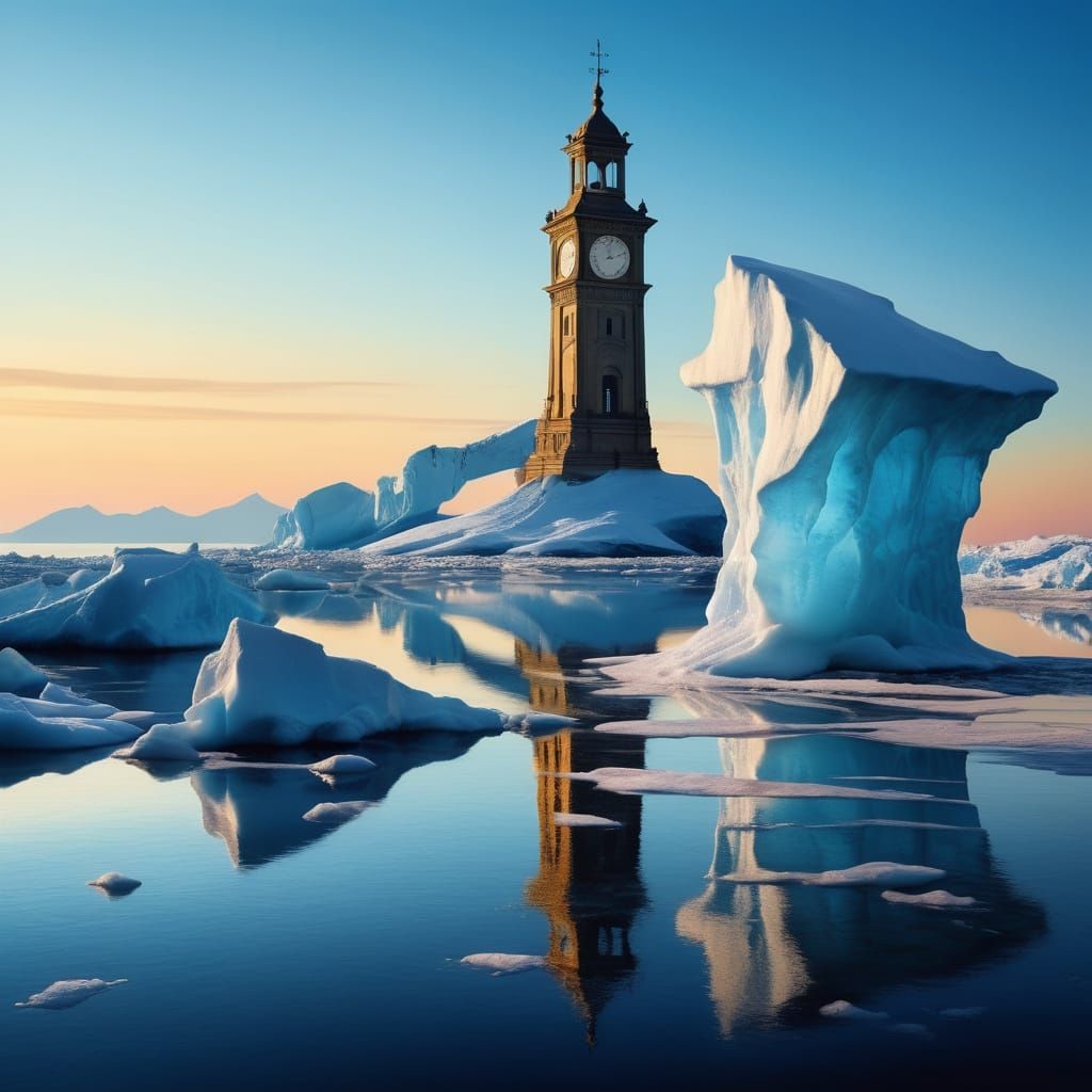 Surreal Dreamscapes: Clock Tower Meets Melting Iceberg