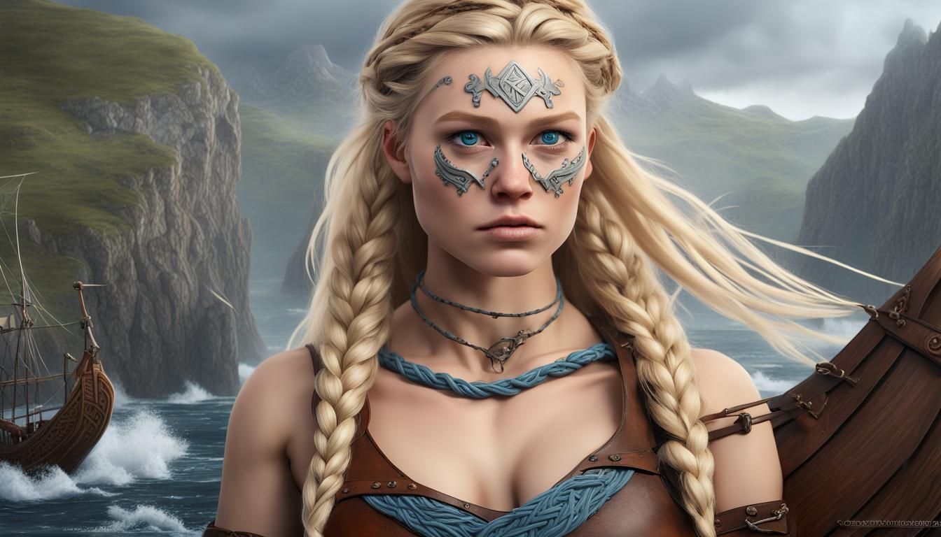Elegant Viking Woman on a Ship, Hyperrealistic Art