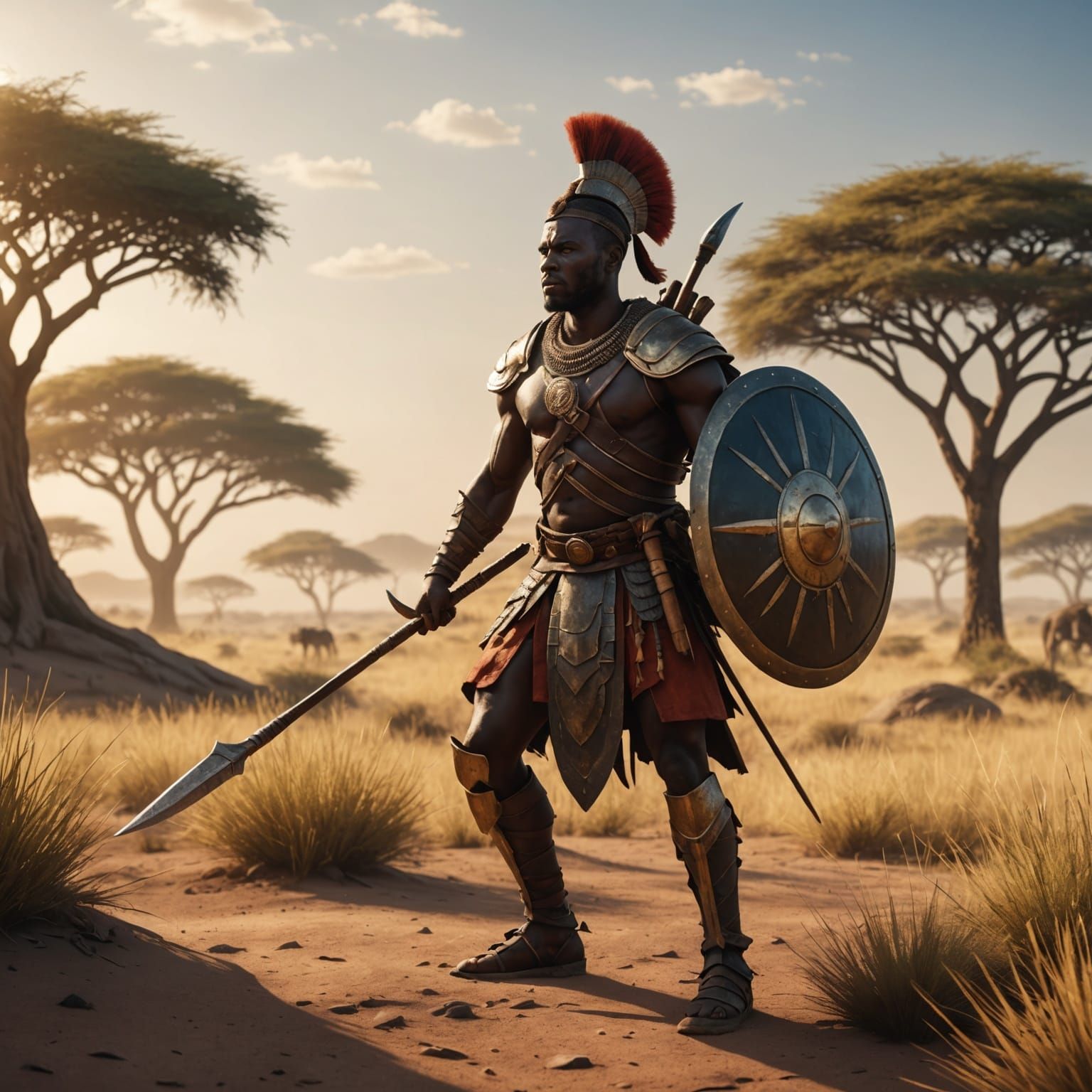 African Warrior in Savanna Landscape Concept Art