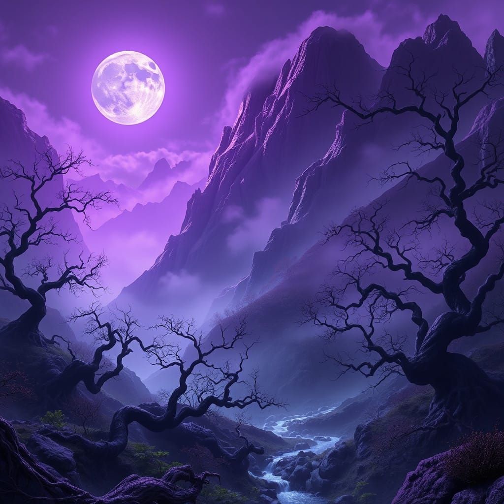 Ethereal Purple Mountain Valley, Dark Fantasy Concept Art