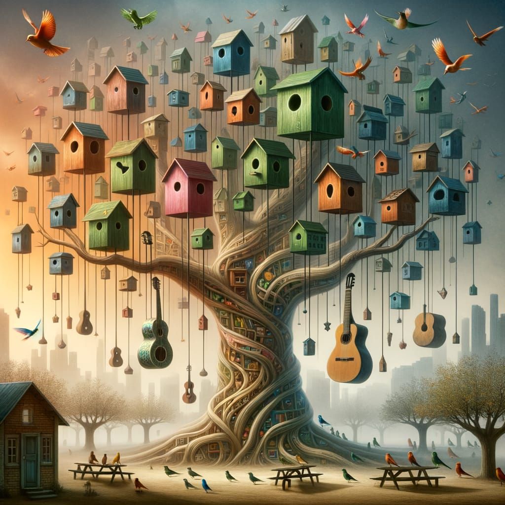Surreal Birdhouse Tree with Musical Birds