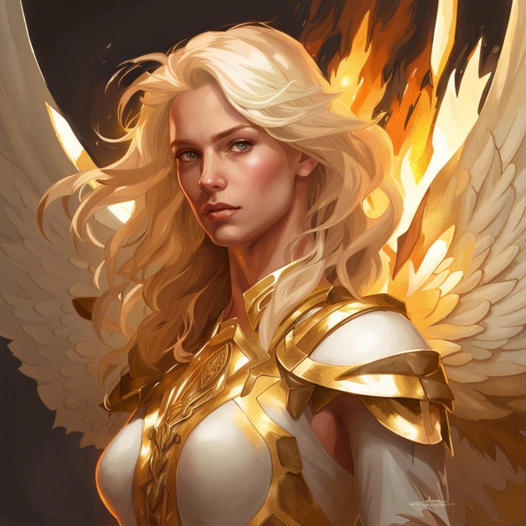 Avenging Angel Portrait with Flaming Sword in Gold