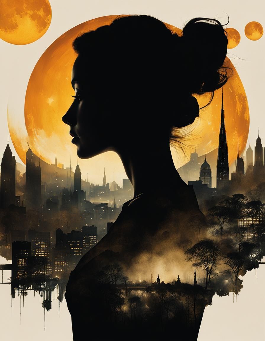 Moonlit Silhouette Portrait with Cityscape Backdrop