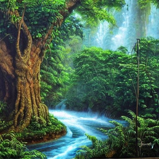 Lush Jungle River Tree Waterfall Oil Painting