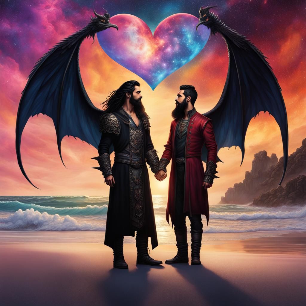 Gay Couple on Beach with Dragons in Fantasy Style
