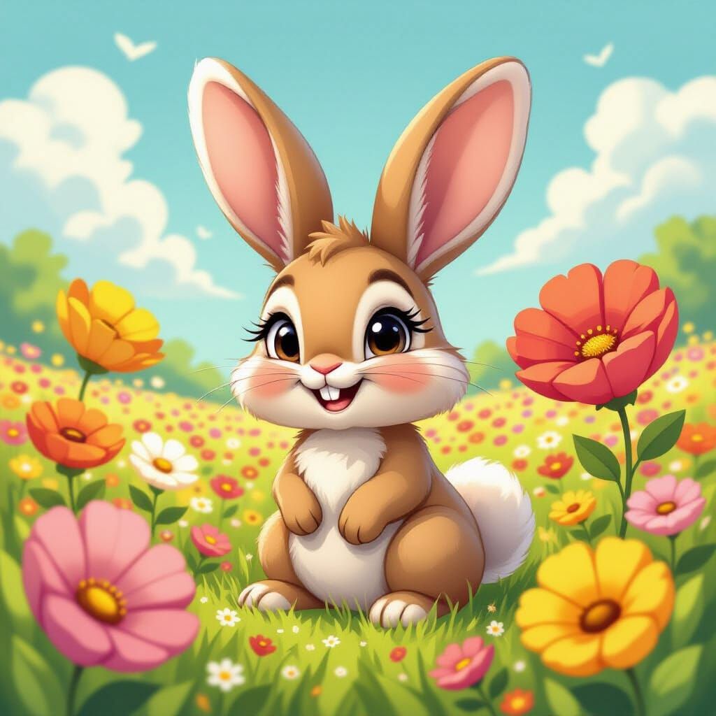 Whimsical Rabbit in a Surreal Flower Field