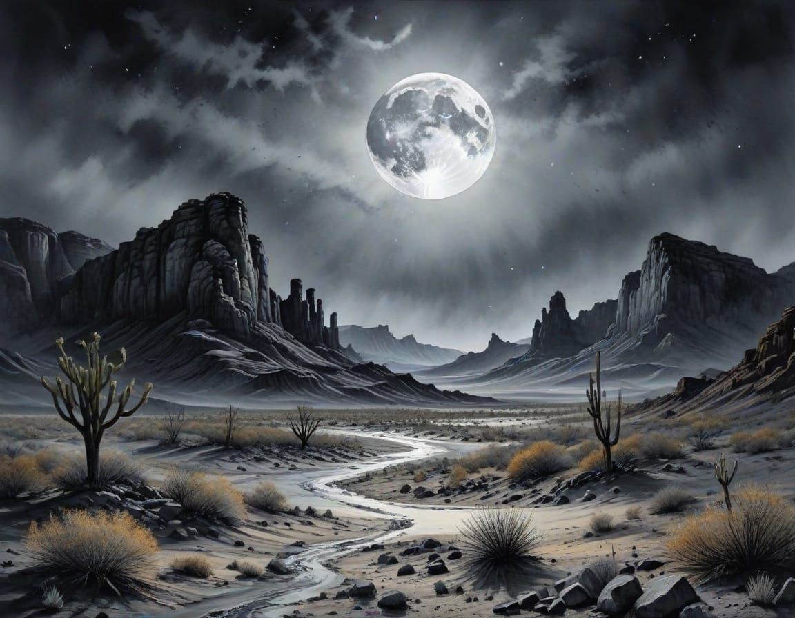 Surreal Desert Scene Under Moonlit Skies