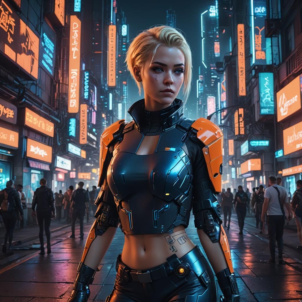 Cybergirl Walks in Neon Cyberpunk Cityscape