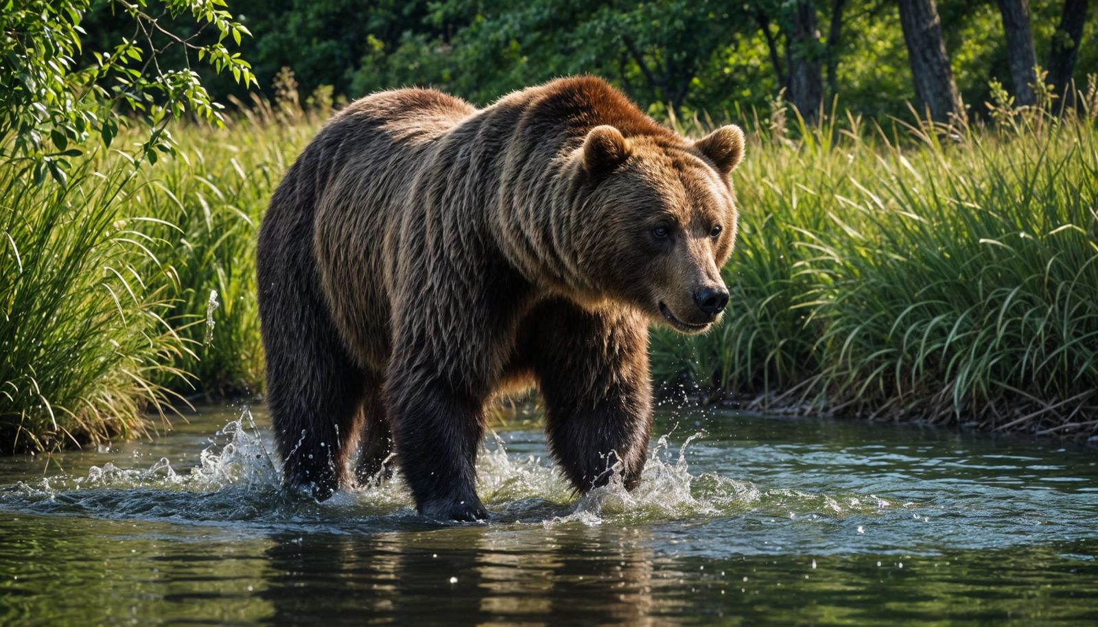 Realistic Bear Catches Fish in Spring Canal Reflection