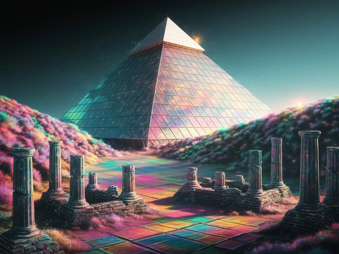Prismatic Pyramid Illuminates Ancient Ruins: Surreal Digital...