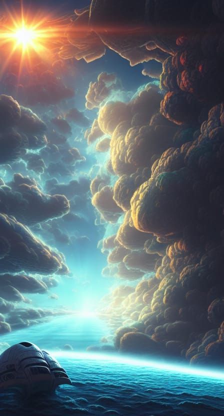 Giant Spaceship Ocean Crash in Cel-Shaded Style