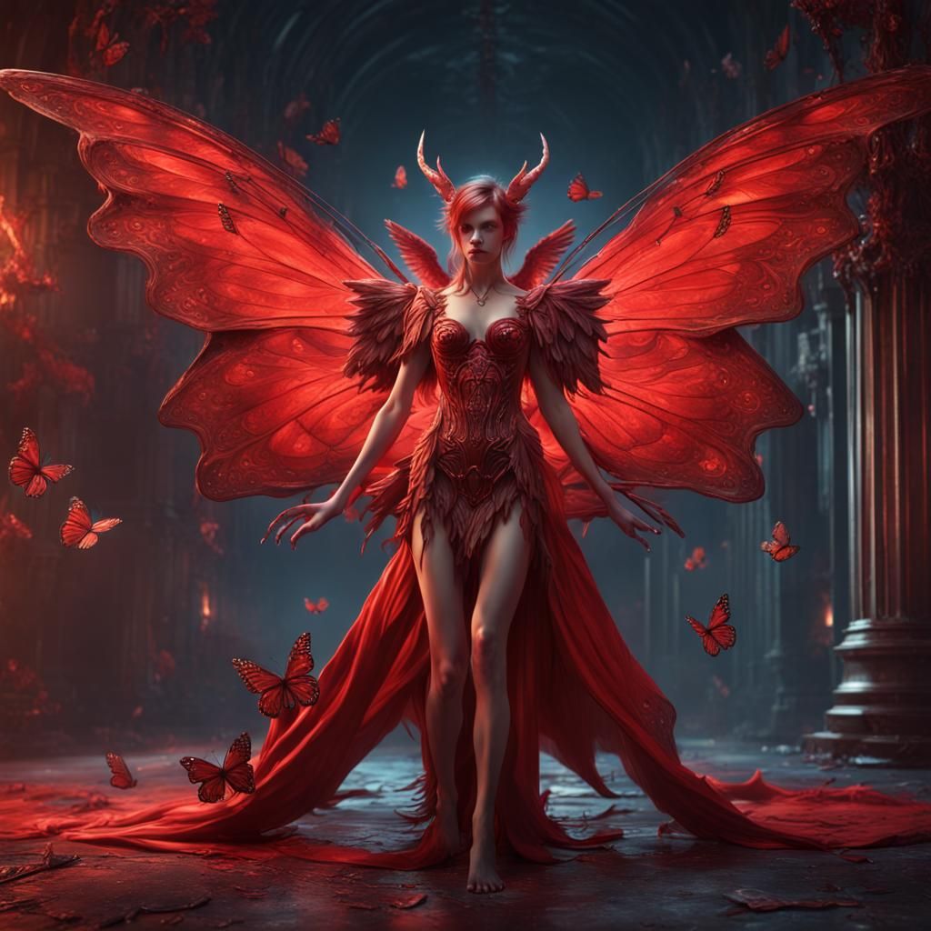 Red Devil Angel with Butterfly Wings in 3D