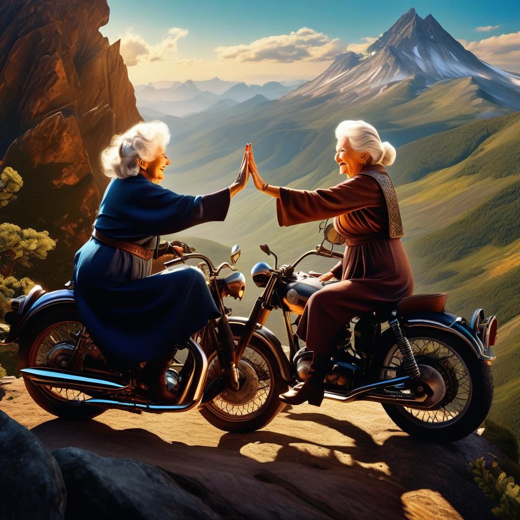 Laughing Old Ladies High-Fiving on Motorcycles