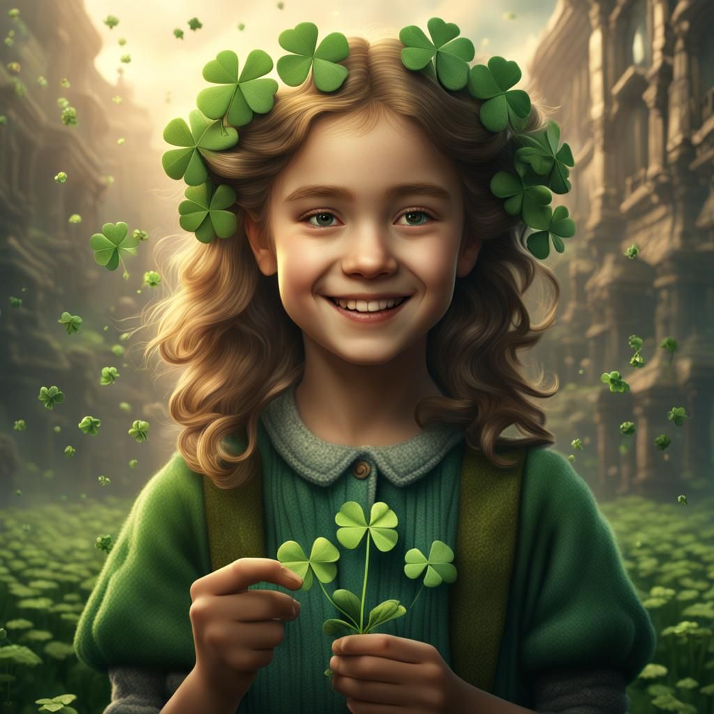Smiling Girl with Four-Leaf Clover, Digital Painting